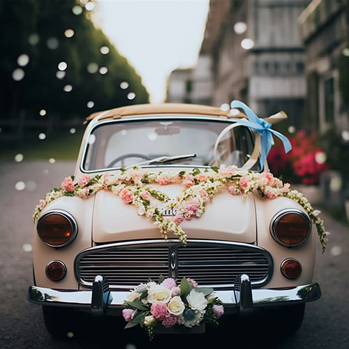 Décoration pour une voiture de mariage avec des fleurs