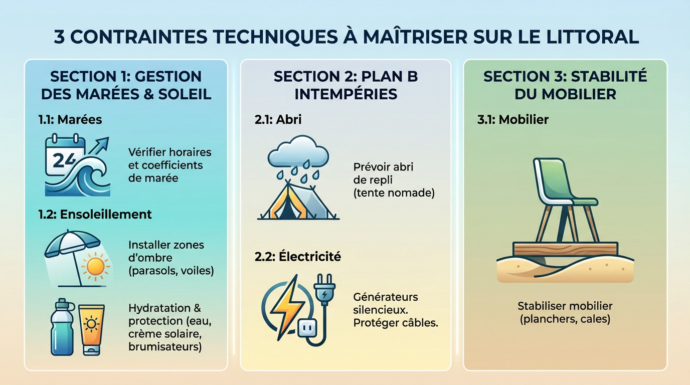 Installation cérémonie laïque sur le sable avec gestion de l'ombre et du mobilier