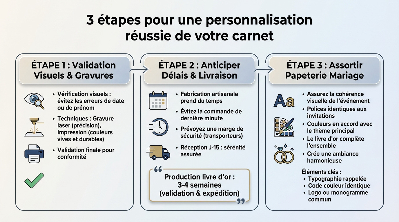 Livre d'or de mariage personnalisé en bois avec gravure sur une table décorée