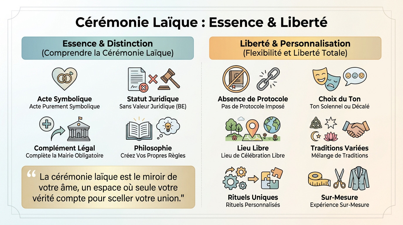Couple célébrant une cérémonie laïque en extérieur, illustrant la liberté et l'émotion de l'instant