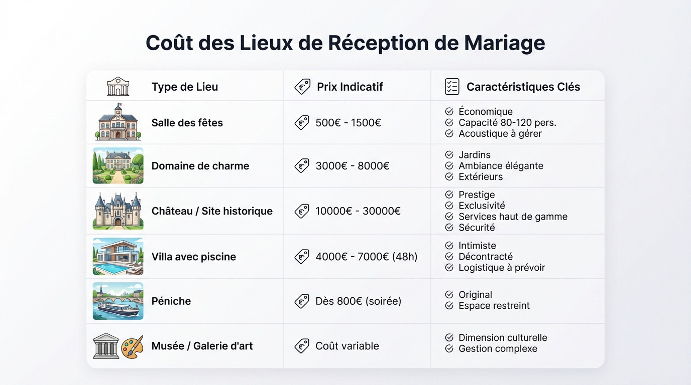 Comparatif des coûts de location pour différents lieux de mariage en France