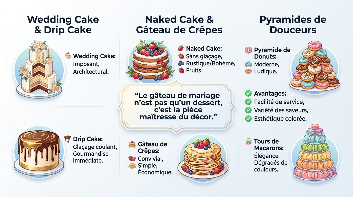 Assortiment gourmand de desserts de mariage originaux : wedding cake, donuts et macarons