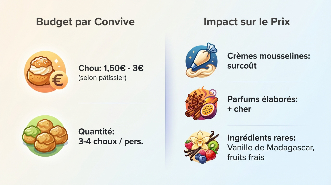 Infographie détaillant le budget moyen et l'impact du prix des choux pour une pièce montée de mariage