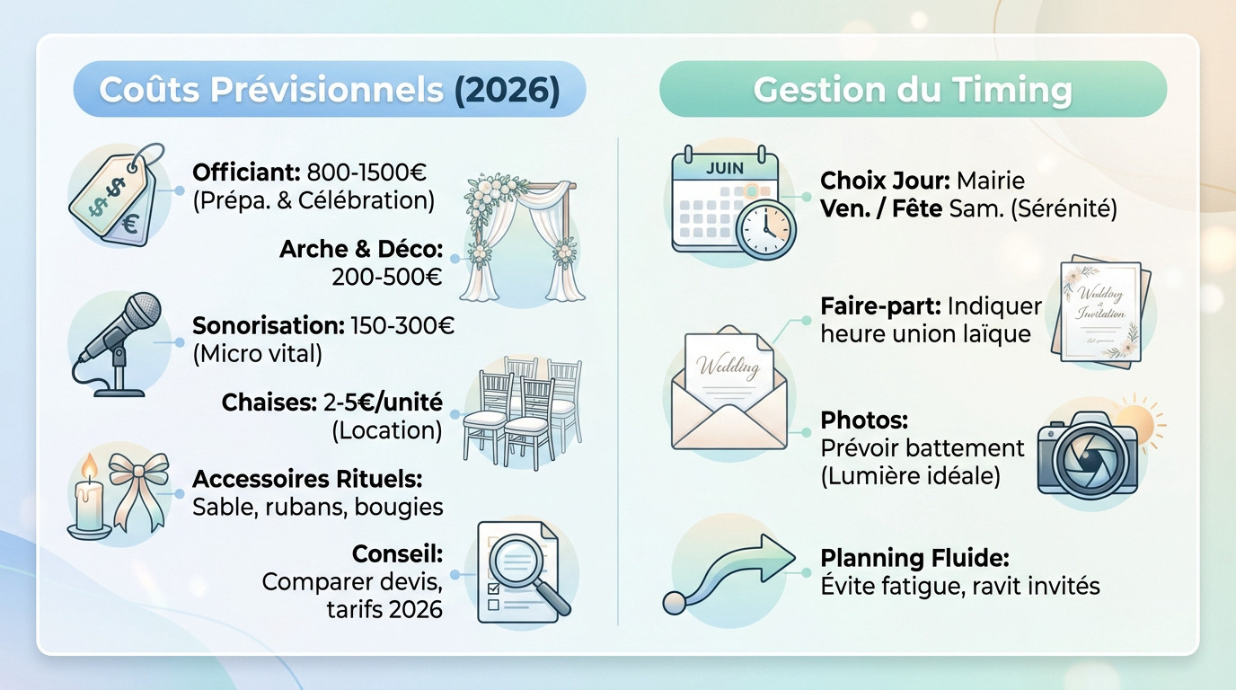 Infographie récapitulative du budget et du timing pour une cérémonie laïque réussie