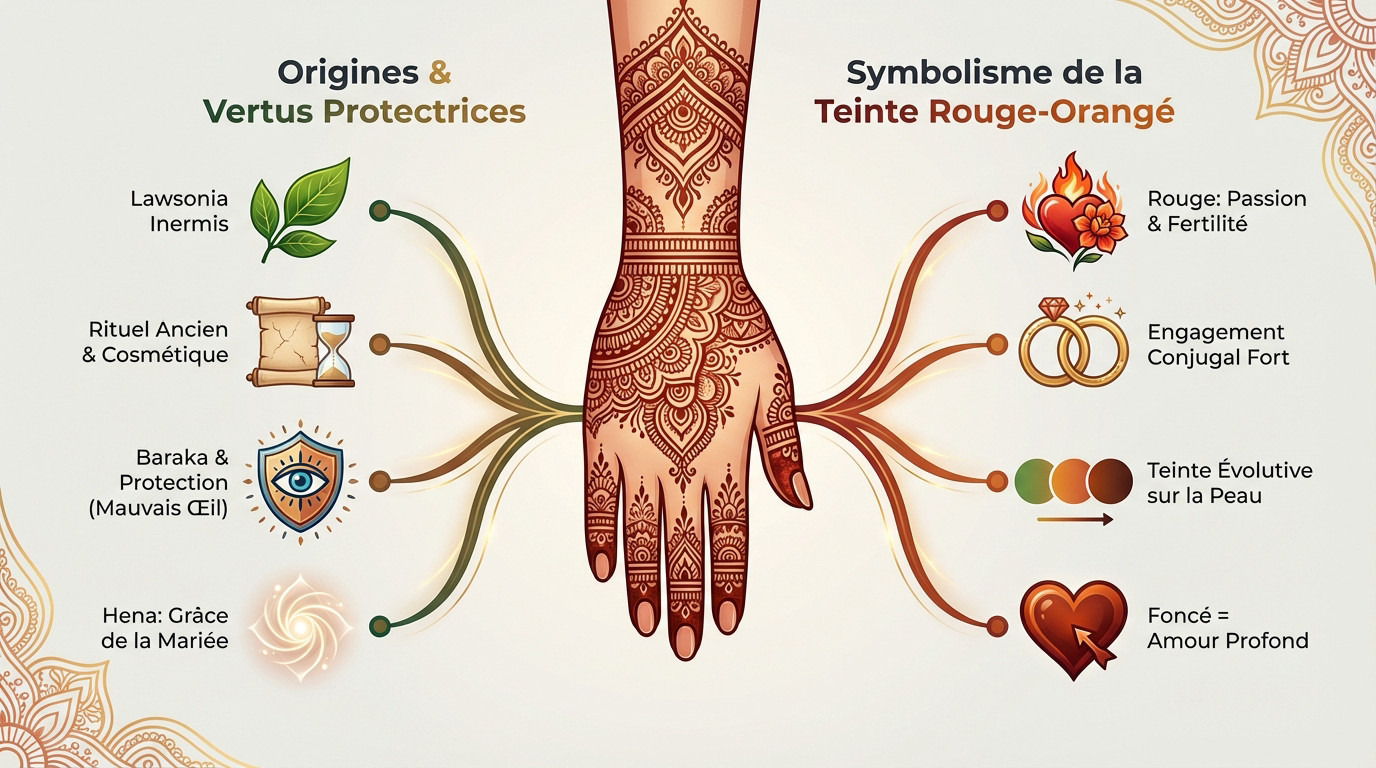 Mains d'une future mariée ornées de motifs traditionnels au henné rouge-orangé lors de la cérémonie