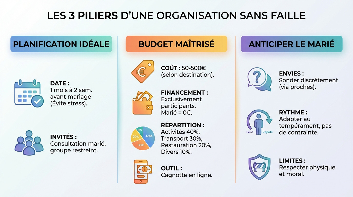 Groupe d'amis planifiant les étapes clés d'un enterrement de vie de garçon