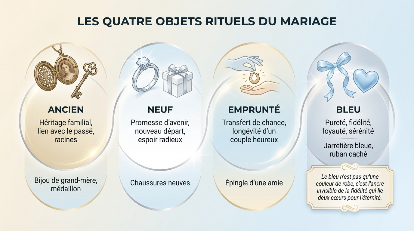 Illustration des quatre objets porte-bonheur pour la mariée : quelque chose d'ancien, de neuf, d'emprunté et de bleu