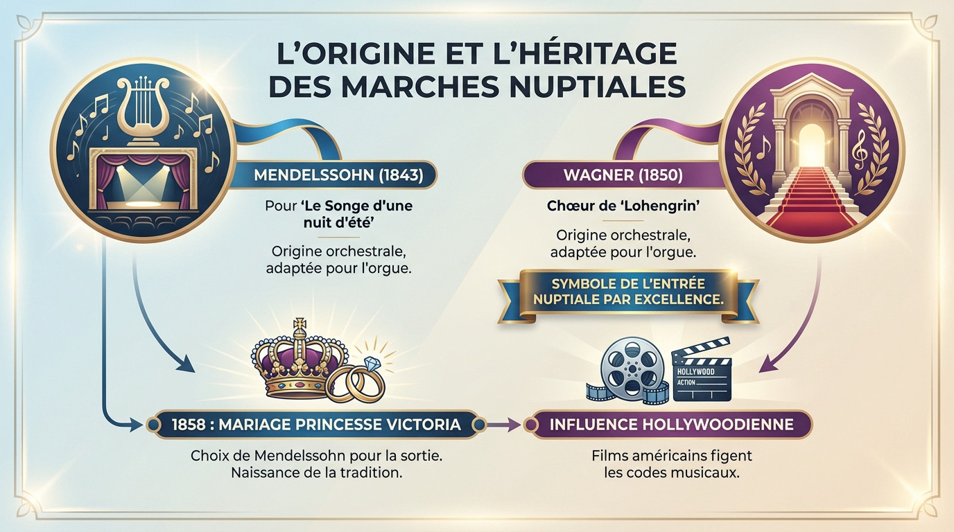 Partition ancienne et alliances illustrant l'héritage historique des marches nuptiales de Wagner et Mendelssohn