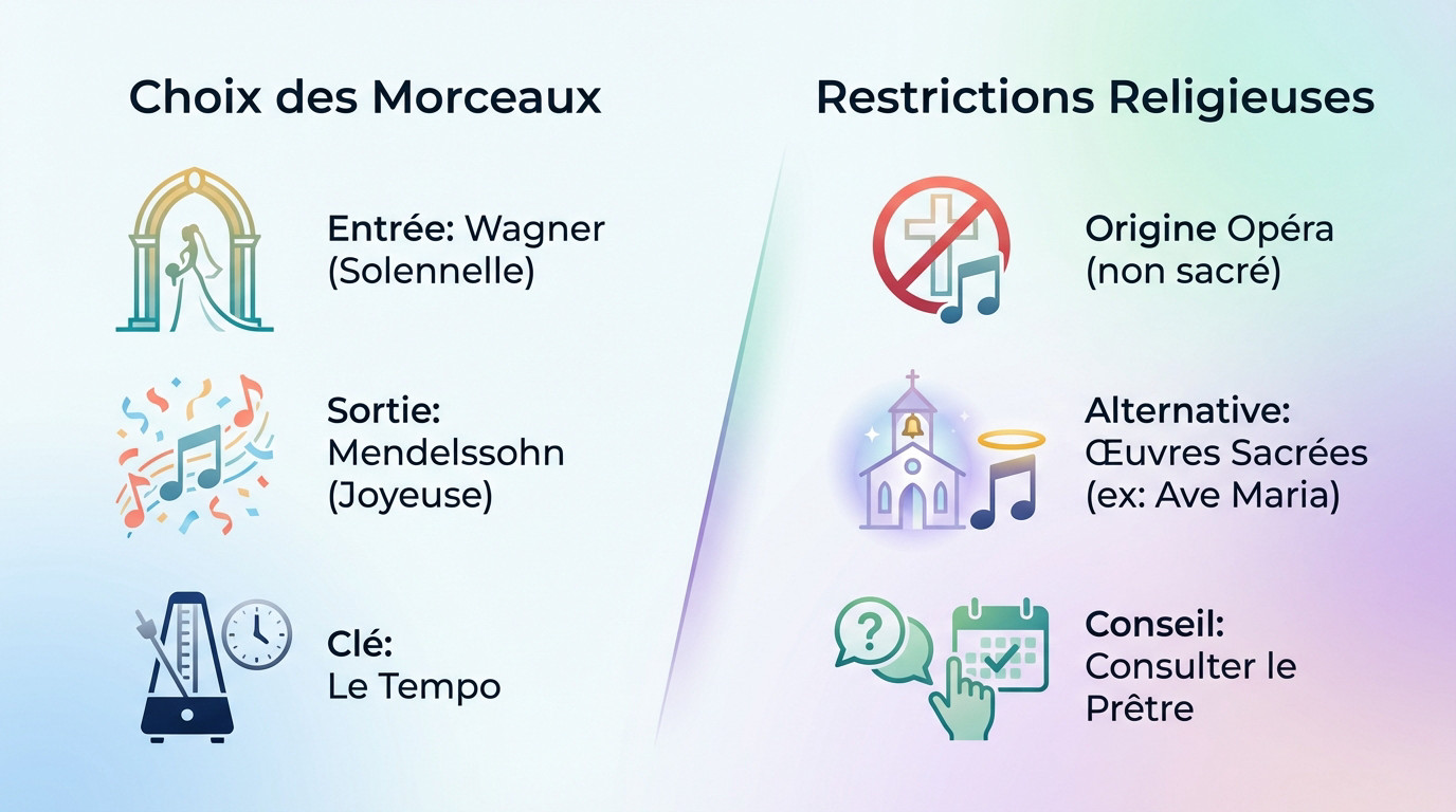 Organiste jouant une marche nuptiale dans une église décorée pour un mariage