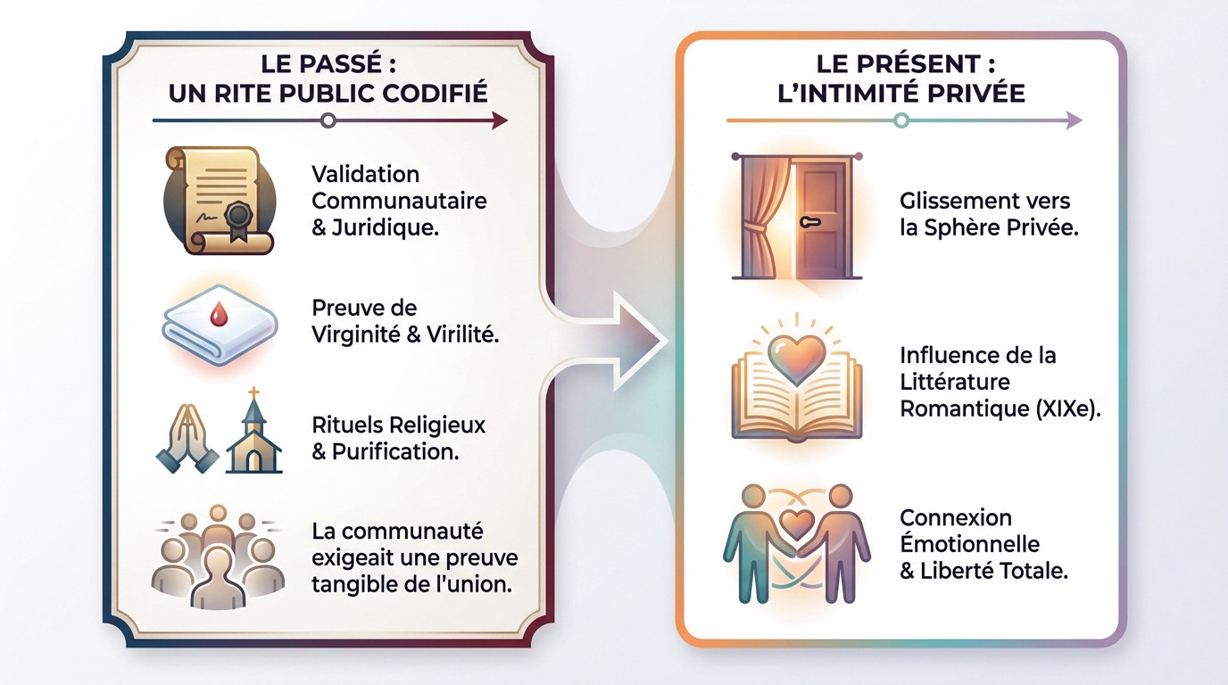 Illustration de l'évolution de la nuit de noces, du rite public à l'intimité privée