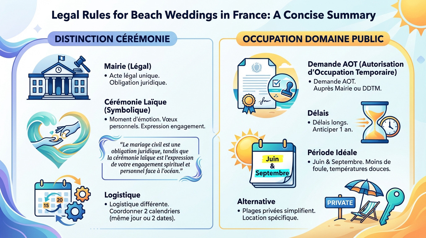 Schéma récapitulatif des règles et démarches pour organiser un mariage sur une plage en France
