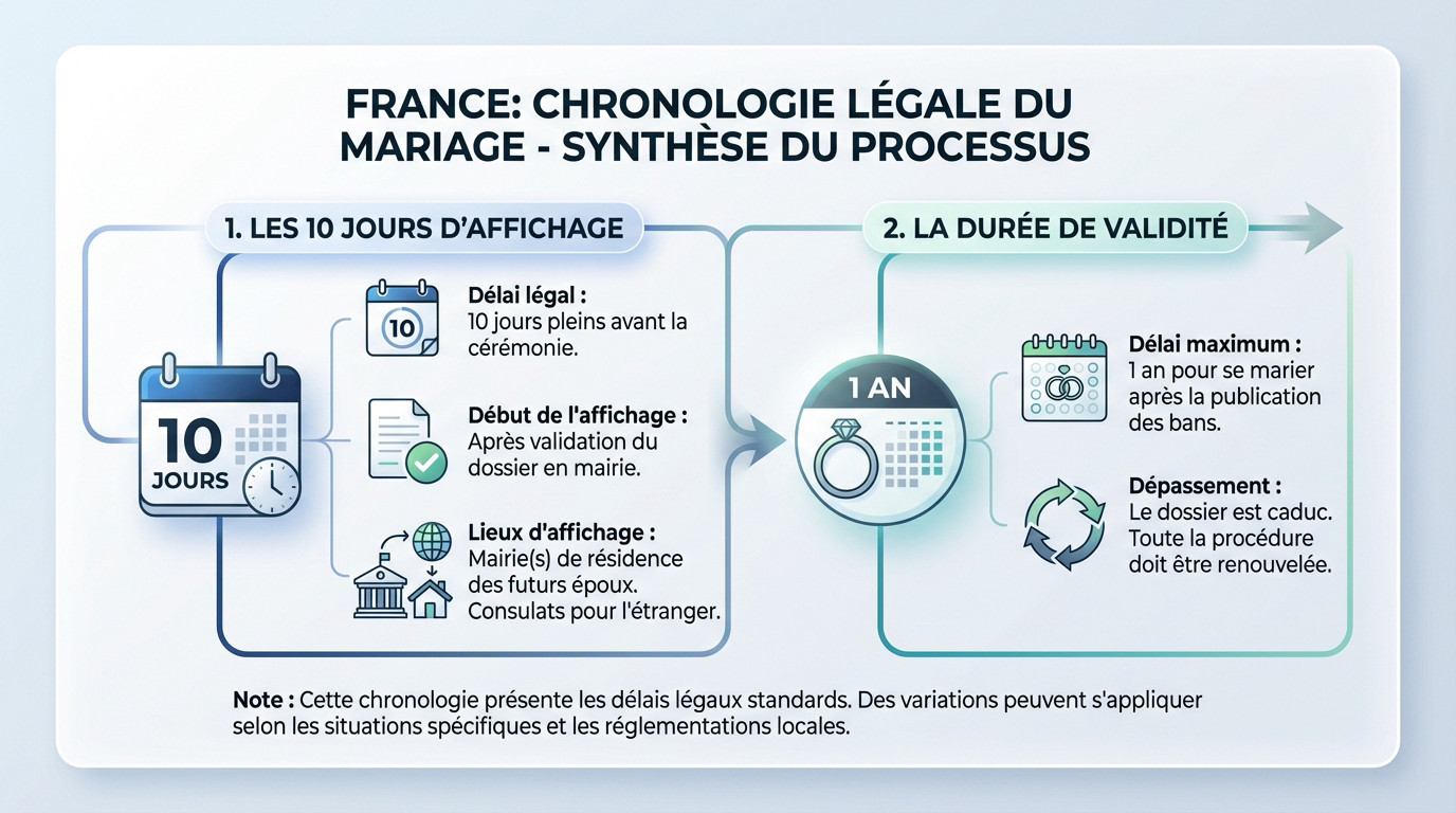 Schéma explicatif des délais légaux et de la procédure de publication des bans de mariage en France