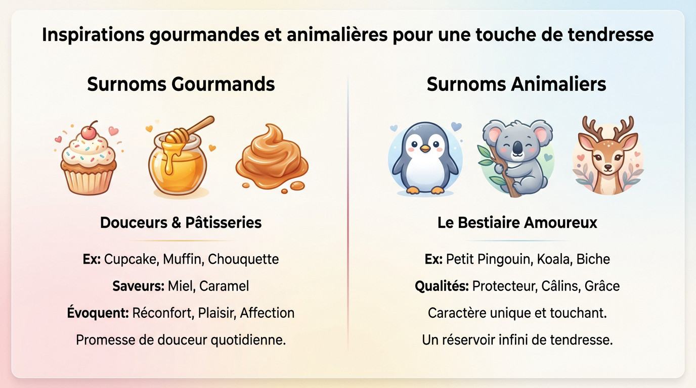 Couple complice échangeant des surnoms mignons inspirés par la gourmandise et les animaux