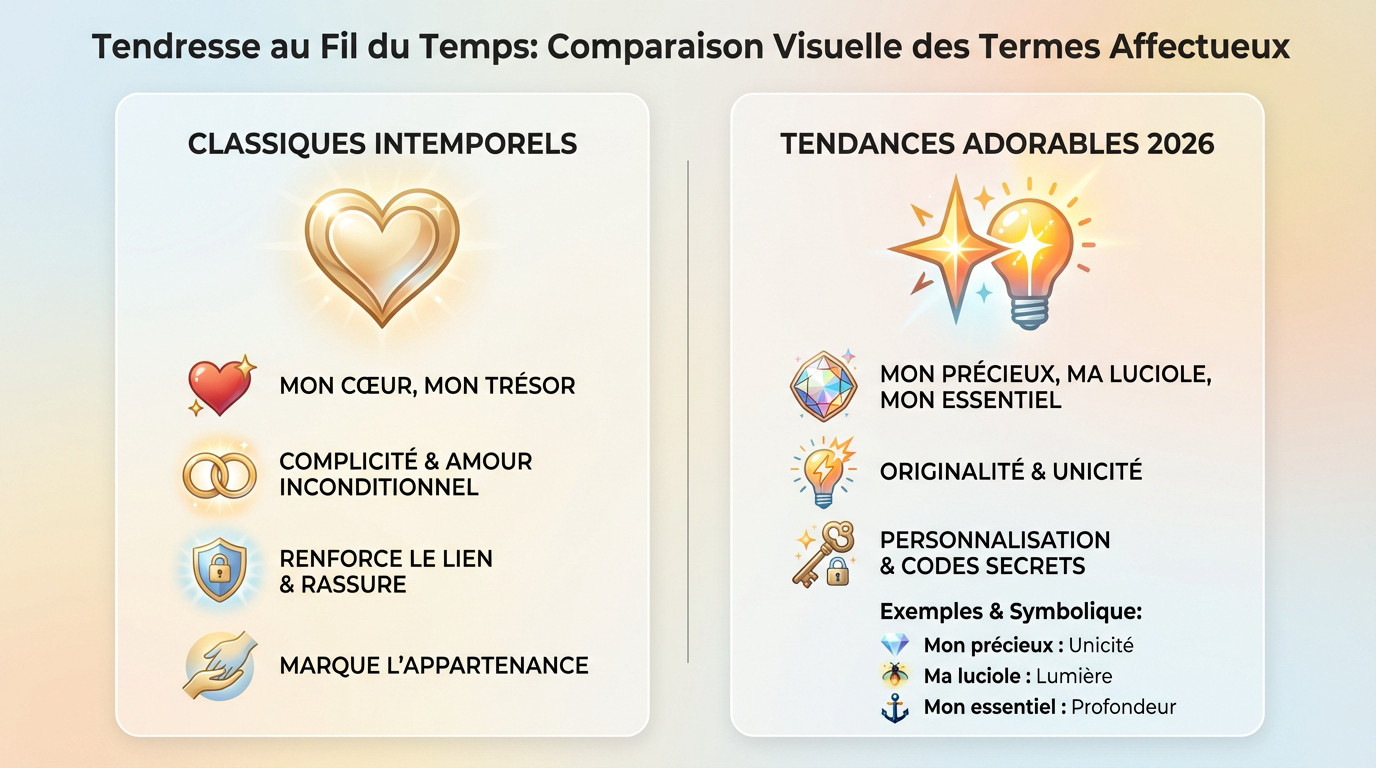 Comparaison visuelle de l'évolution des surnoms amoureux tendres au fil du temps