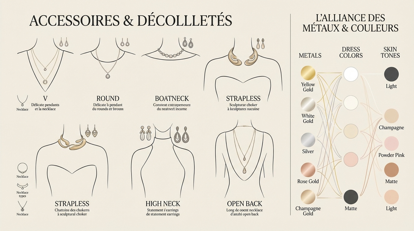 Guide visuel pour choisir son collier de mariage selon le type de décolleté de la robe