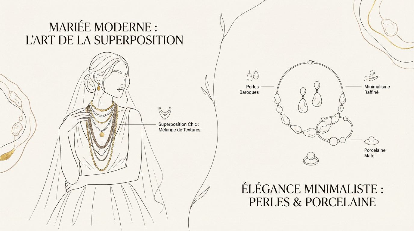 Mariée portant des bijoux superposés et des perles baroques minimalistes