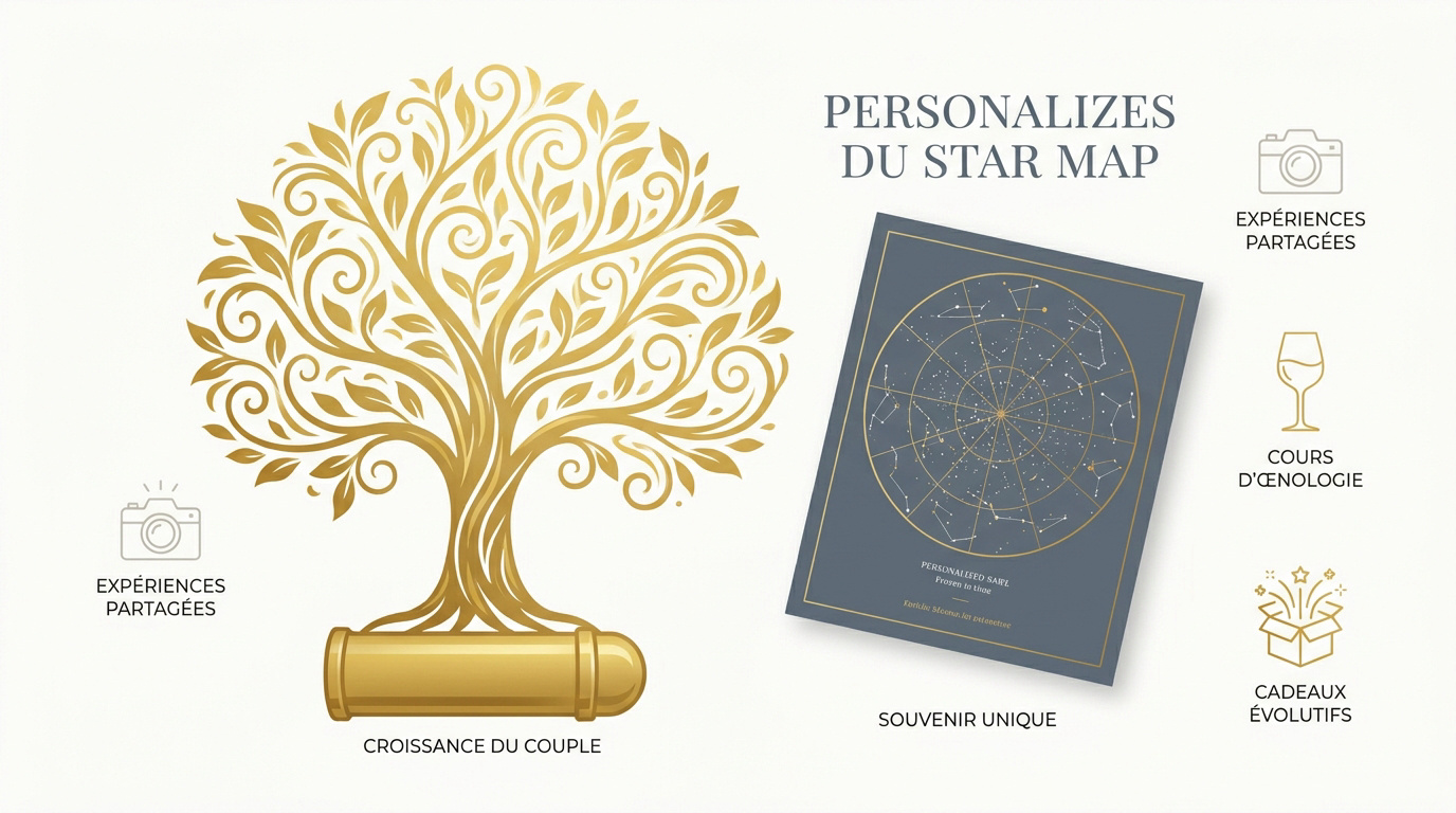Arbre de vie doré et carte du ciel étoilé personnalisée pour un cadeau de mariage symbolique