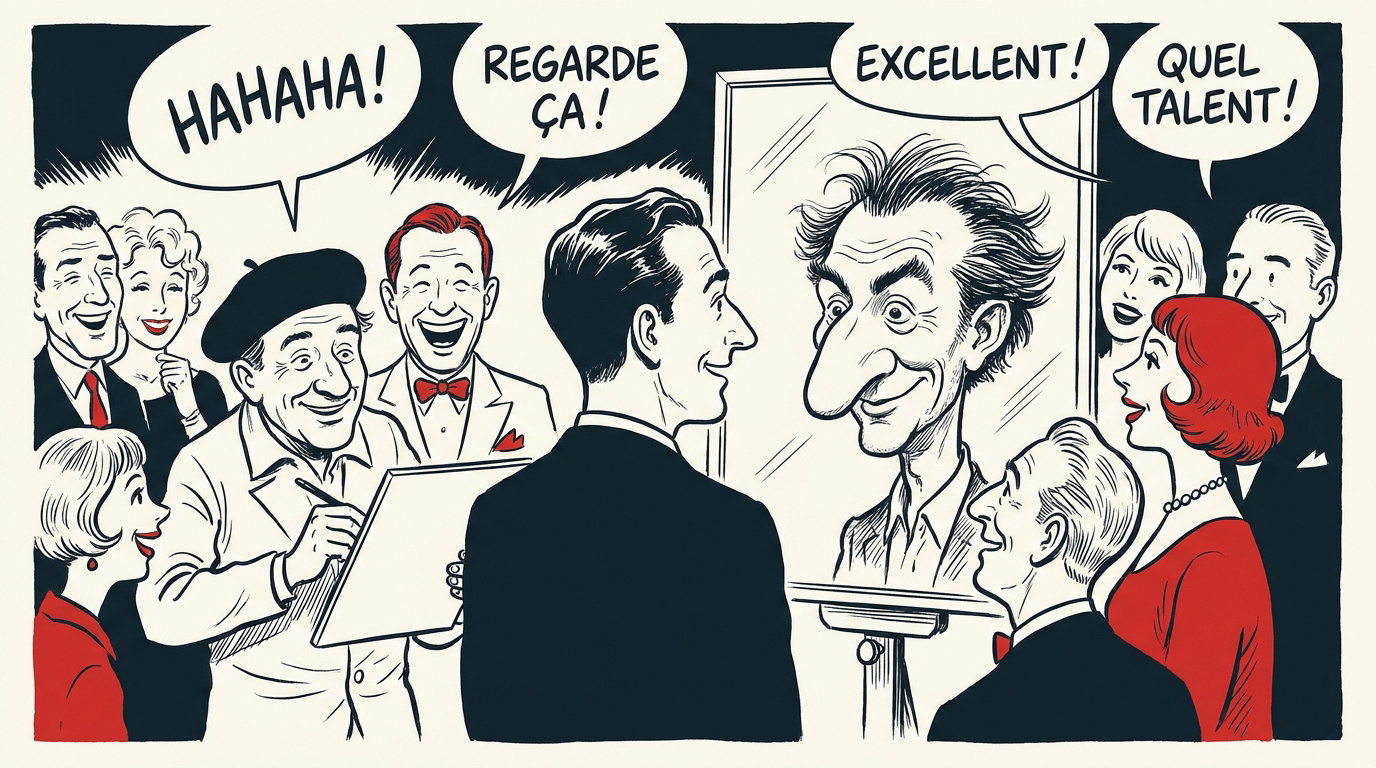 Un caricaturiste professionnel dessine le portrait humoristique d'un invité souriant lors d'une réception