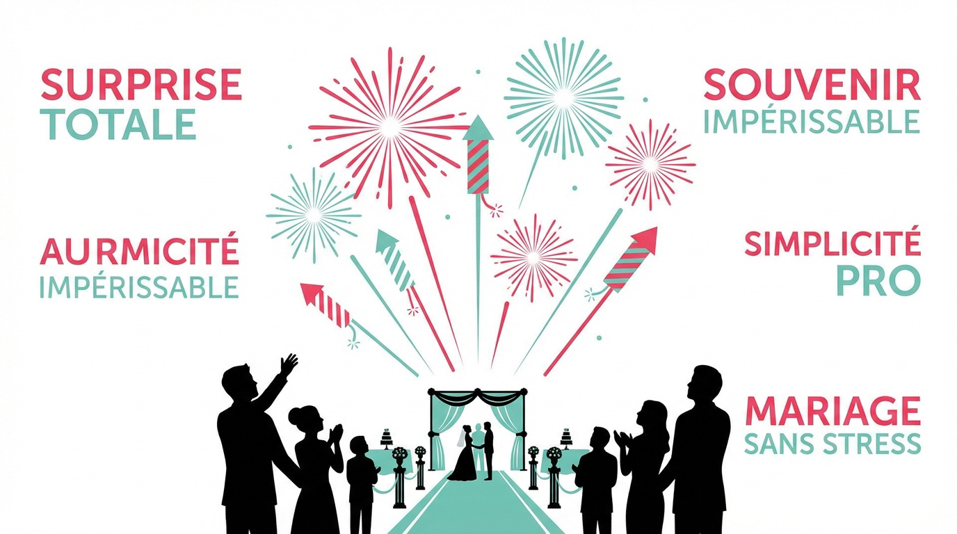 Spectacle de feu d'artifice automatique illuminant le ciel lors d'une réception de mariage