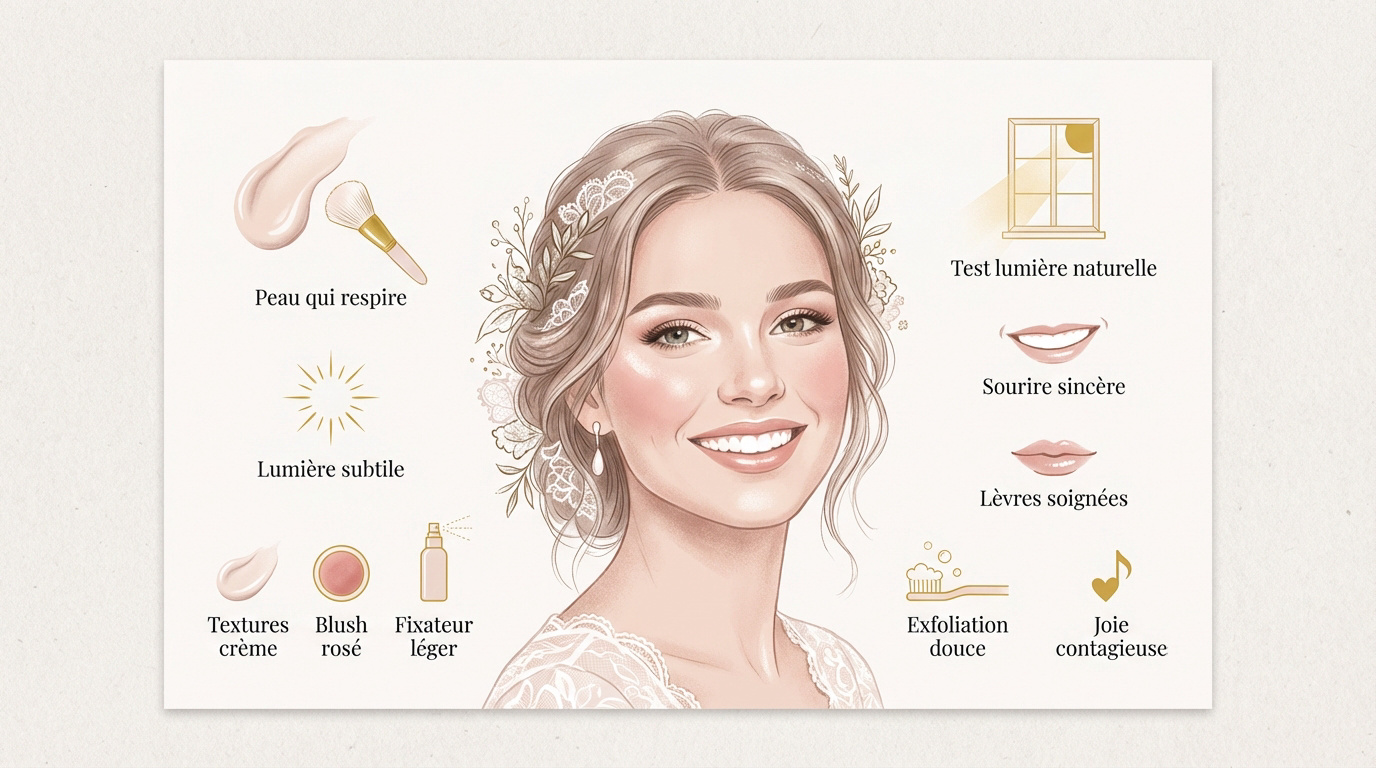 Maquillage de mariée naturel et lumineux mettant en valeur la clarté du teint