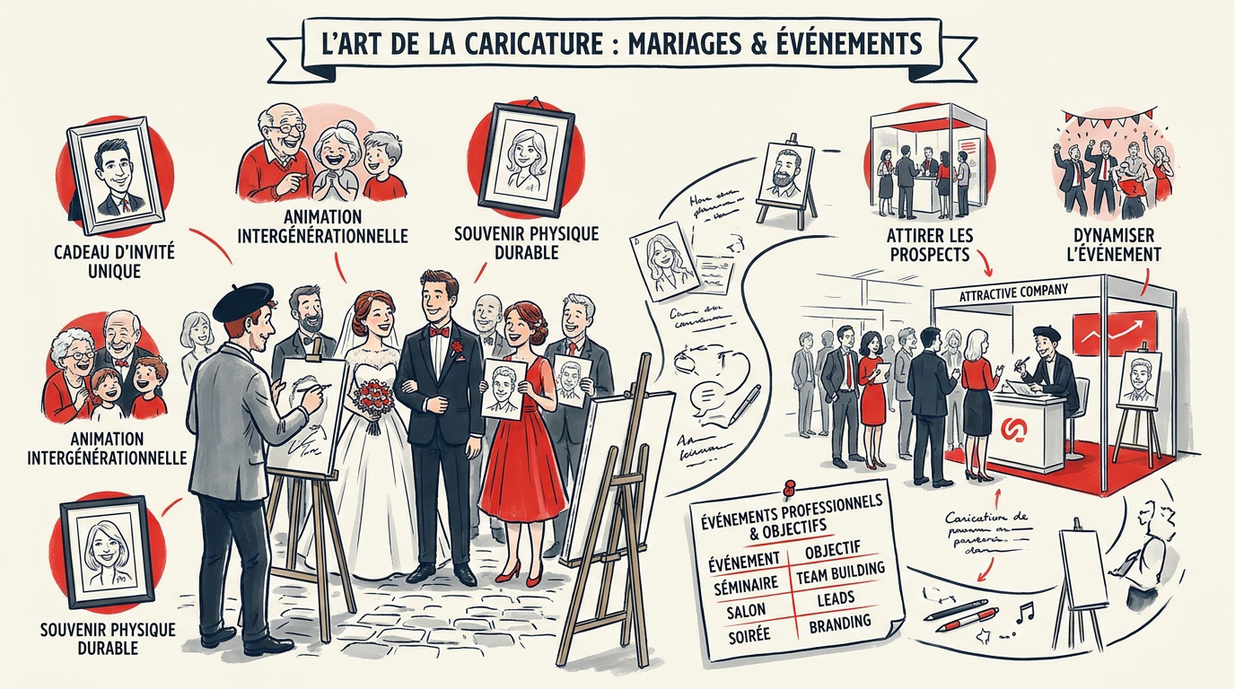 Un caricaturiste en pleine création lors d'une soirée de mariage conviviale