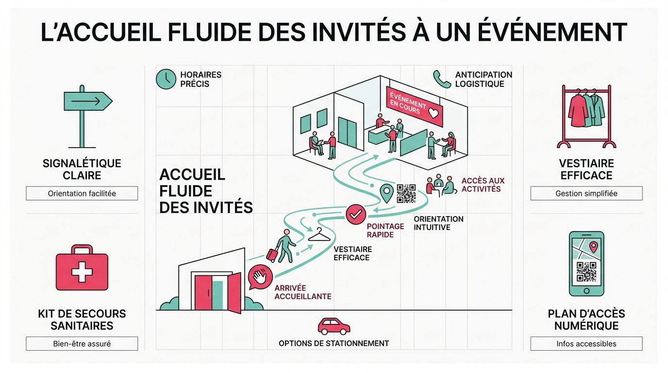 Infographie détaillant les étapes et éléments clés pour un accueil fluide des invités lors d'un événement, avec signalétique, vestiaire et gestion.