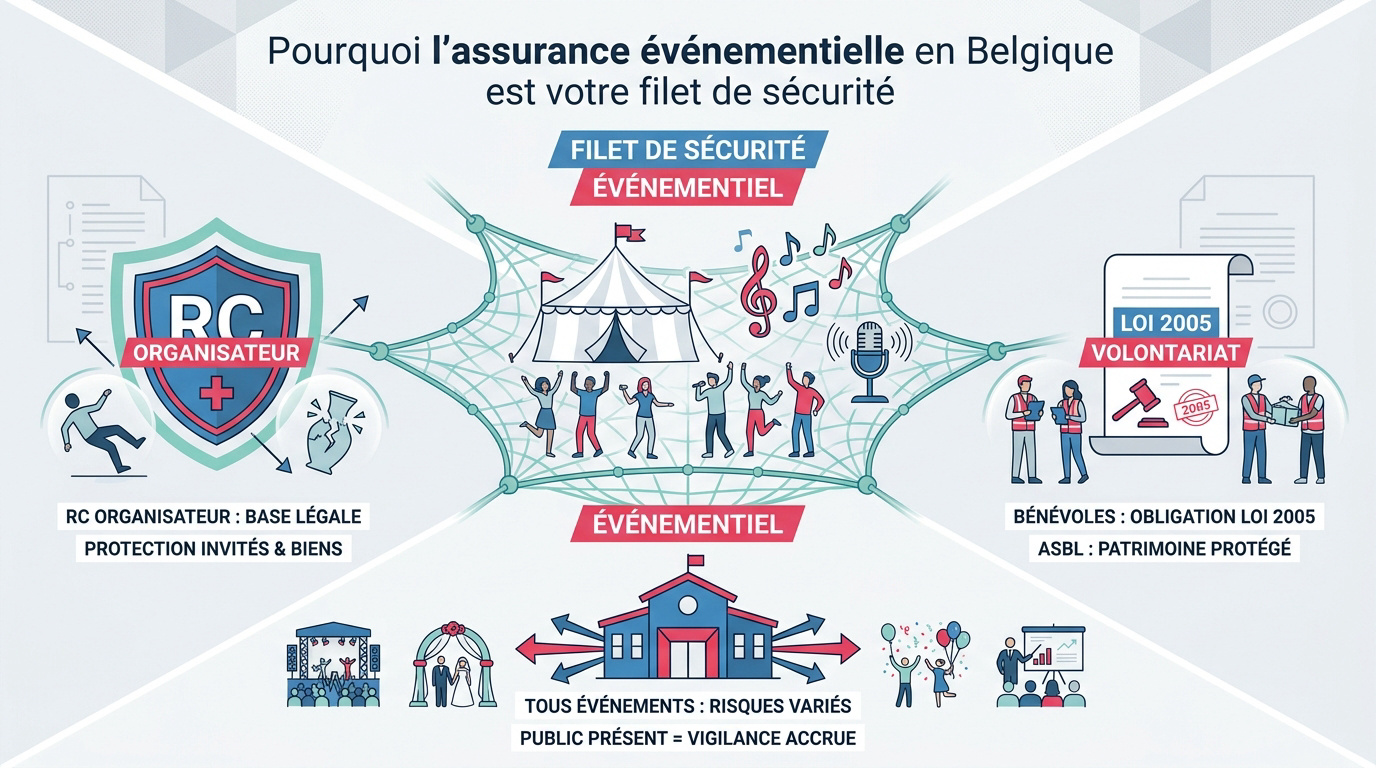 Organisateur d'événement en Belgique vérifiant les dispositifs de sécurité et d'assurance