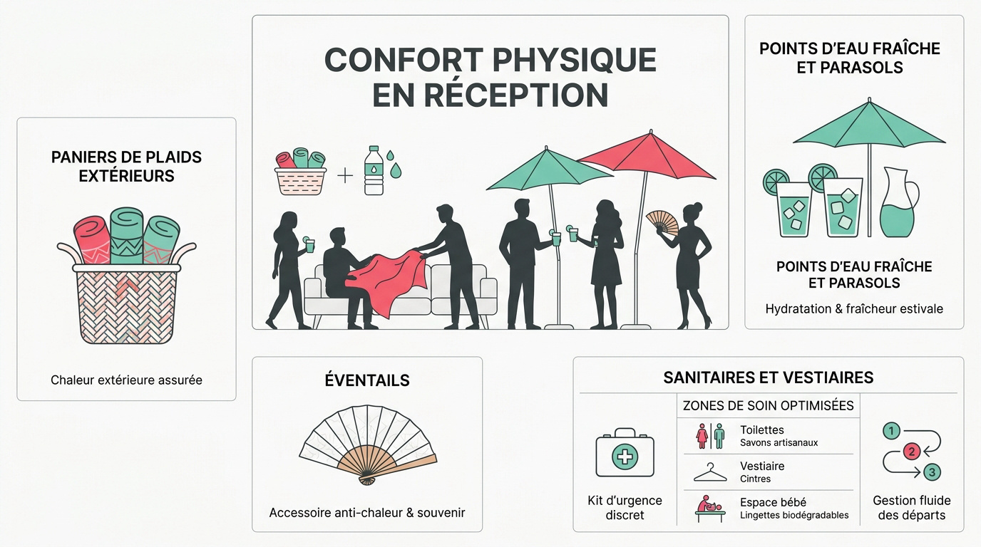 Infographie sur le confort physique des invités : paniers de plaids, éventails, points d'eau/parasols, et zones de soins optimisées.