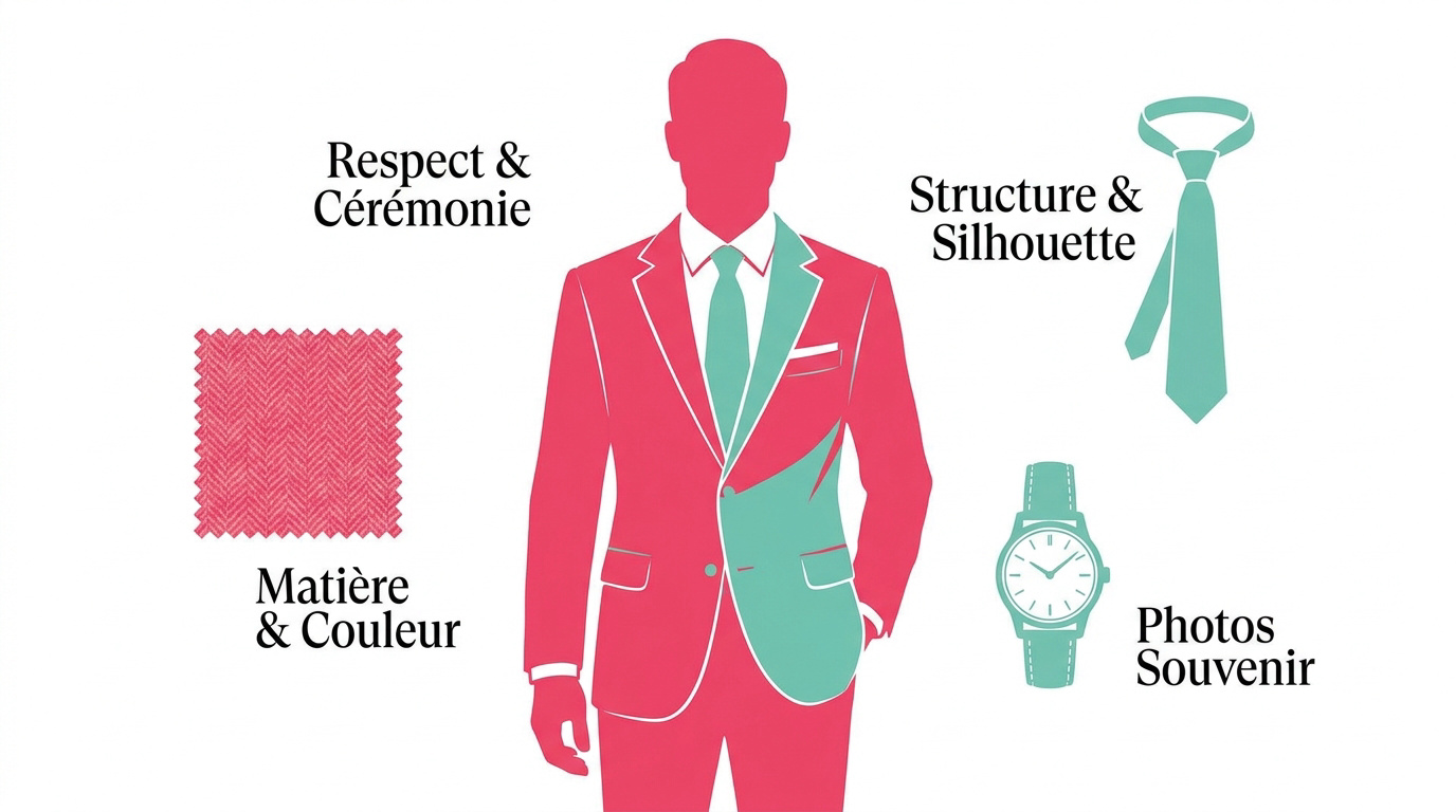 Homme élégant portant un costume de mariage ajusté avec accessoires