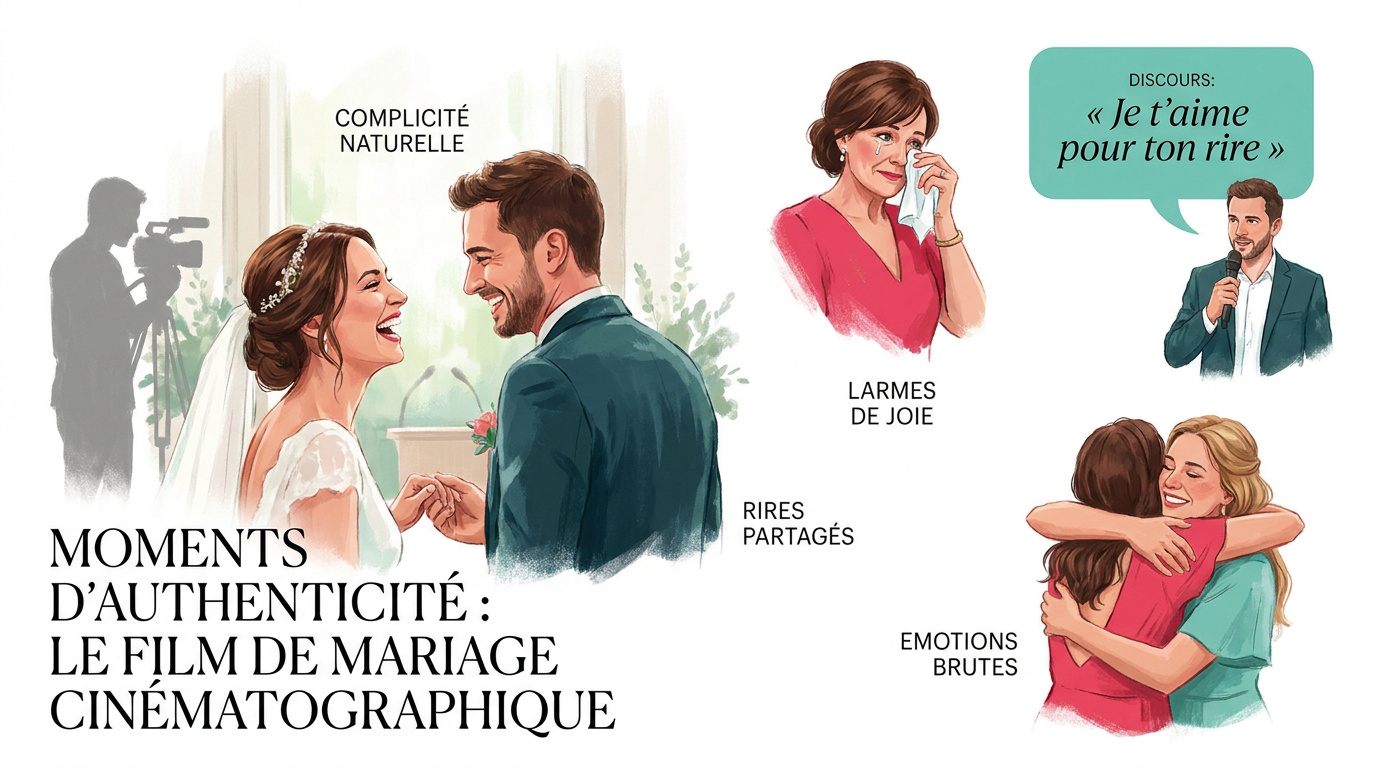 Vidéaste capturant un moment d'émotion spontané lors d'un mariage cinématographique