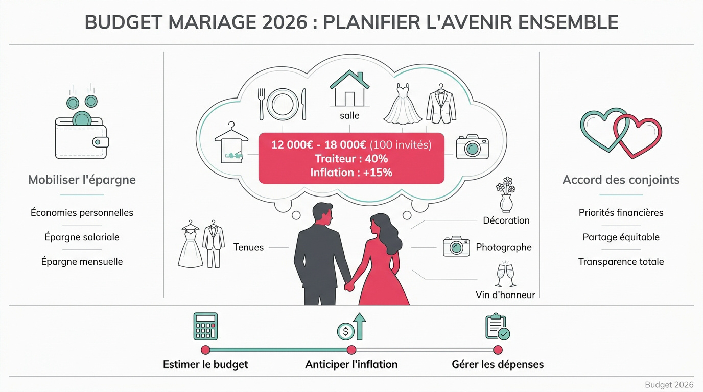 Couple planifiant sereinement le budget de leur mariage pour 2026