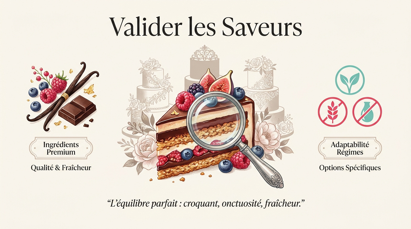 Infographie expliquant comment valider les saveurs d'un wedding cake en France lors de la dégustation