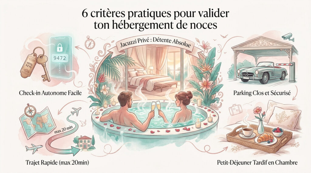 Illustration montrant 6 critères de choix pour une nuit de noces : jacuzzi, parking, check-in, petit-déjeuner et trajet court.