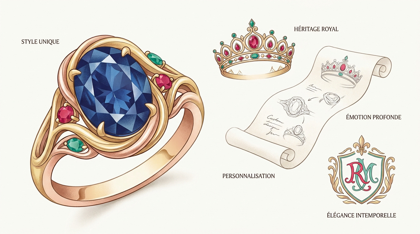 Illustration artistique d'une bague de fiançailles en or avec une pierre bleue centrale, accompagnée de croquis royaux.