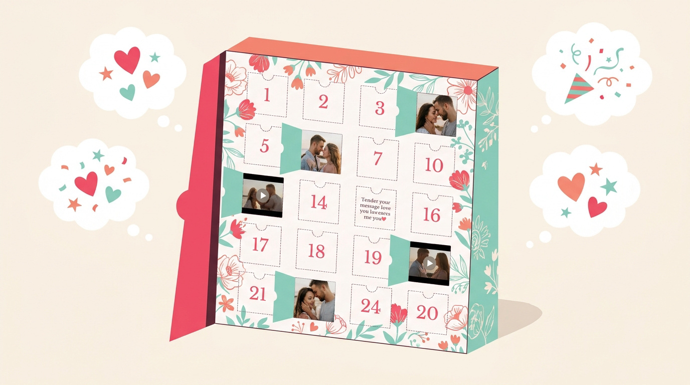 Calendrier de l'Avent floral avec des photos de couple pour offrir une attente romantique avant le mariage.