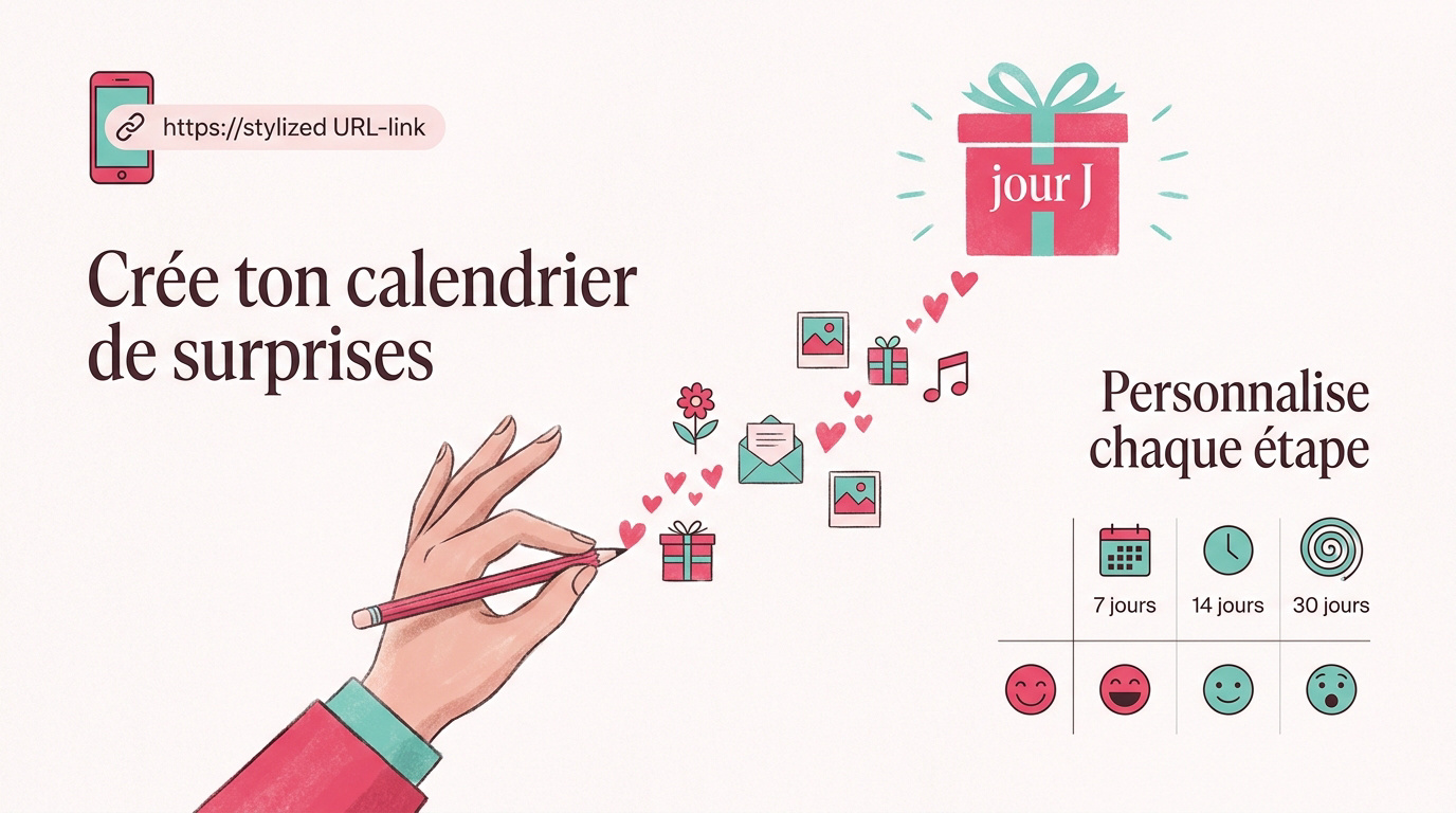 Illustration montrant une main dessinant un chemin de cadeaux et de cœurs menant vers un paquet cadeau pour le jour J.