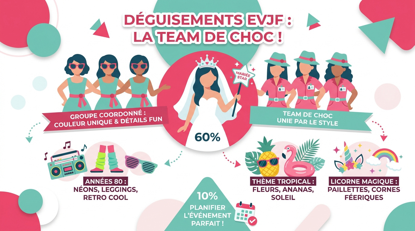 Infographie colorée présentant différentes idées de thèmes et déguisements pour un enterrement de vie de jeune fille.