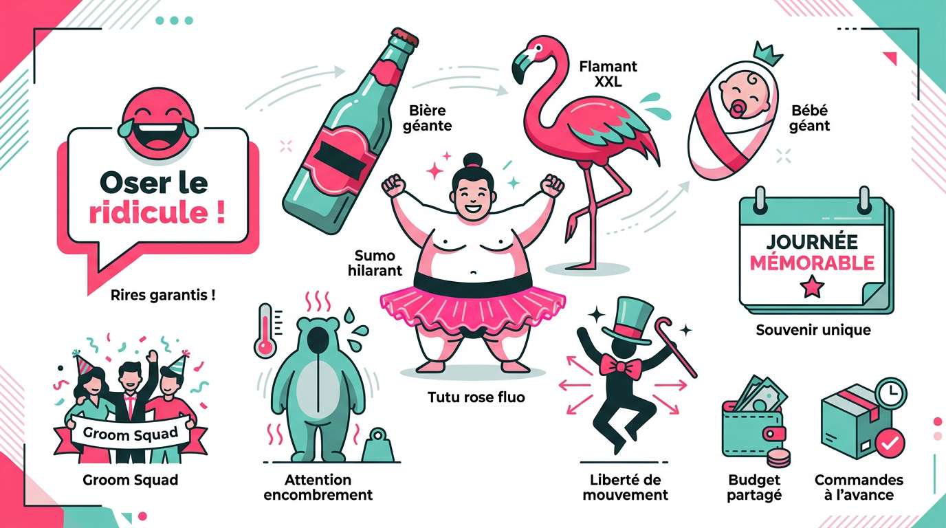 Illustration colorée présentant des idées de déguisements humoristiques pour un enterrement de vie de garçon.