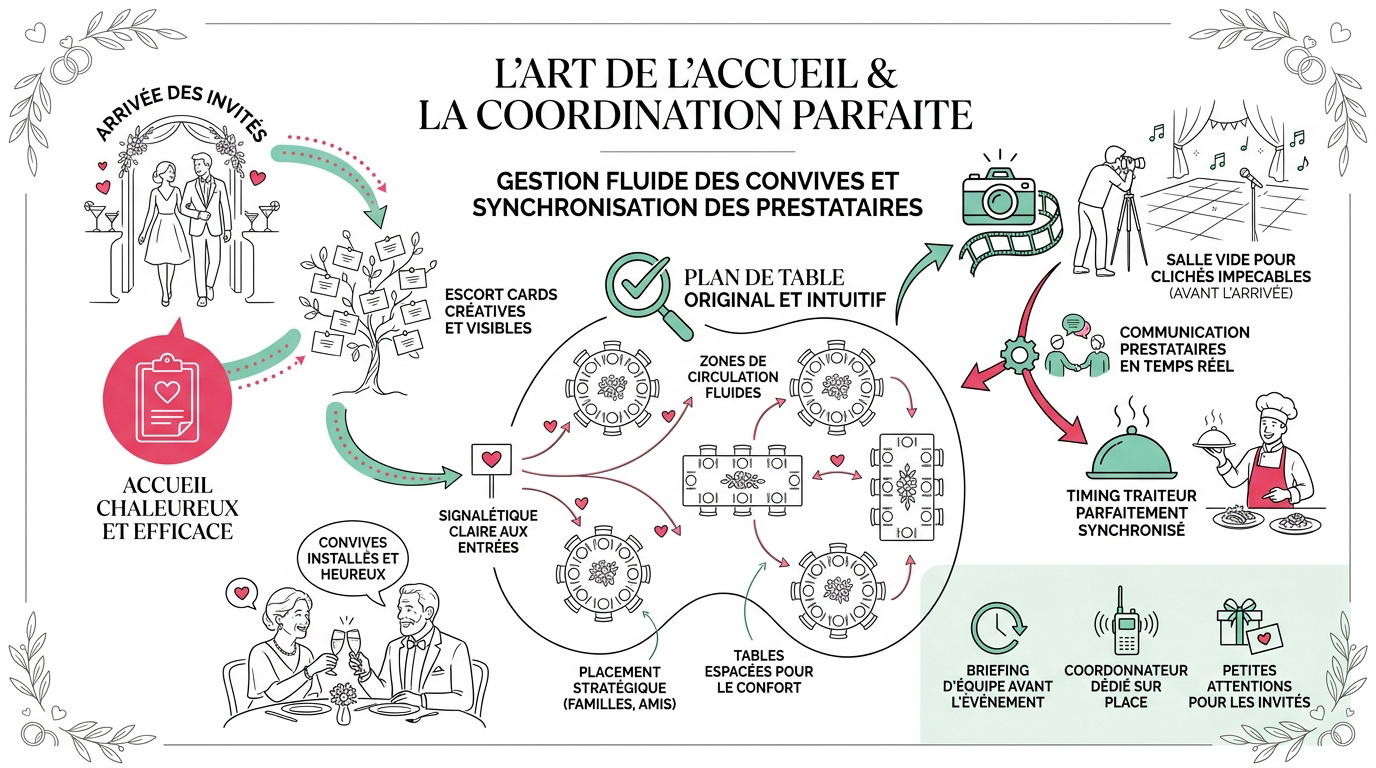 Infographie illustrée détaillant les étapes clés pour une gestion fluide des invités et des prestataires lors d'un mariage.
