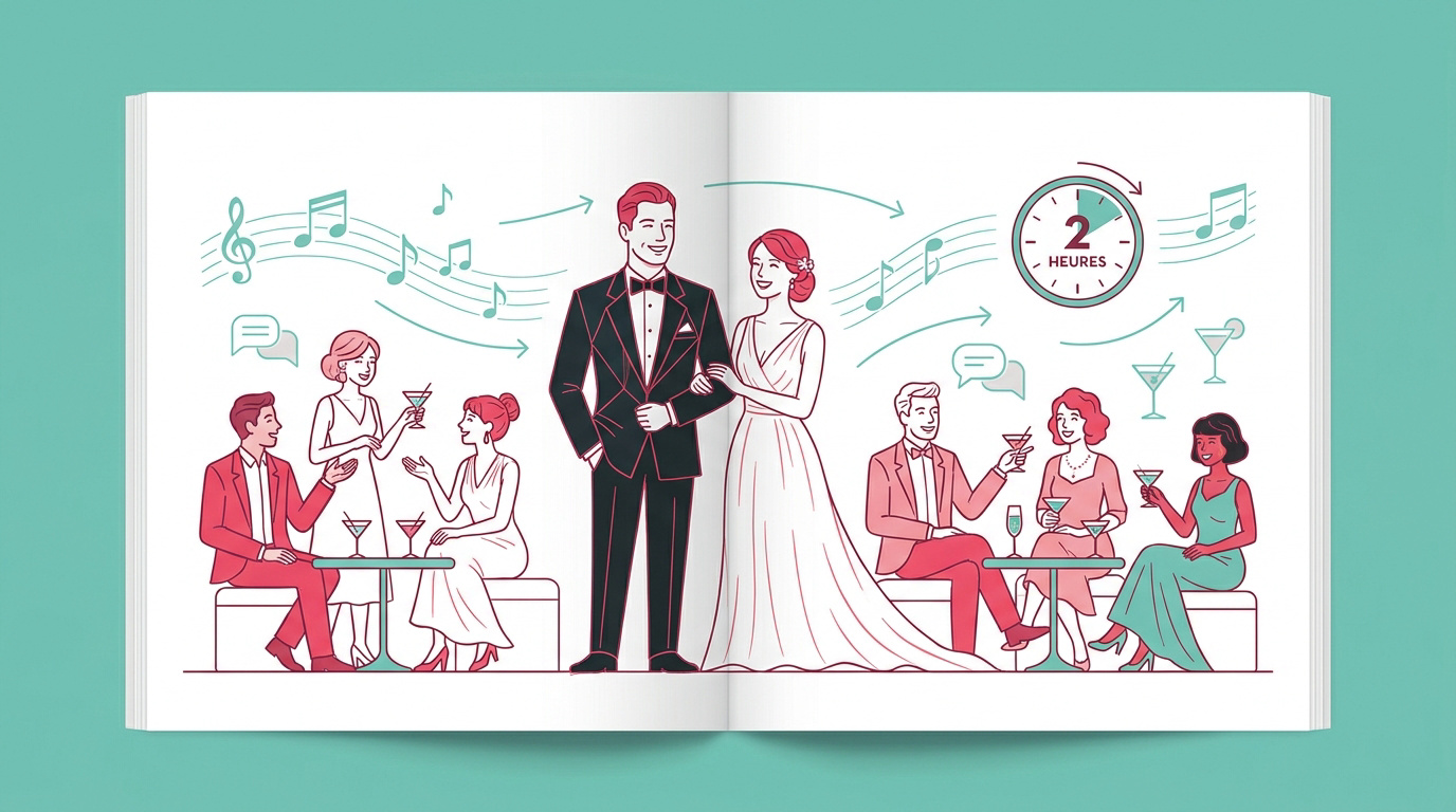 Illustration montrant les mariés entourés d'invités lors d'un cocktail de deux heures avec musique et boissons.
