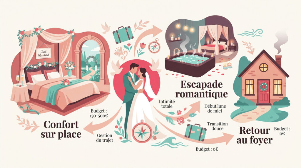 Illustration montrant trois options pour la nuit de noces : hôtel, escapade romantique ou retour à domicile.