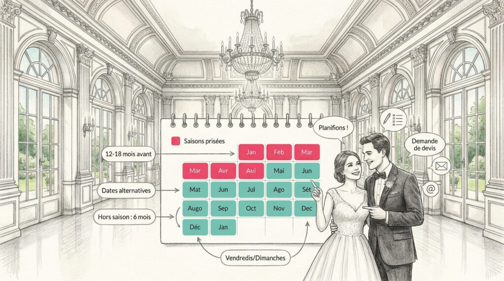 Un couple planifiant une date de mariage devant un calendrier illustré dans une salle de réception élégante.