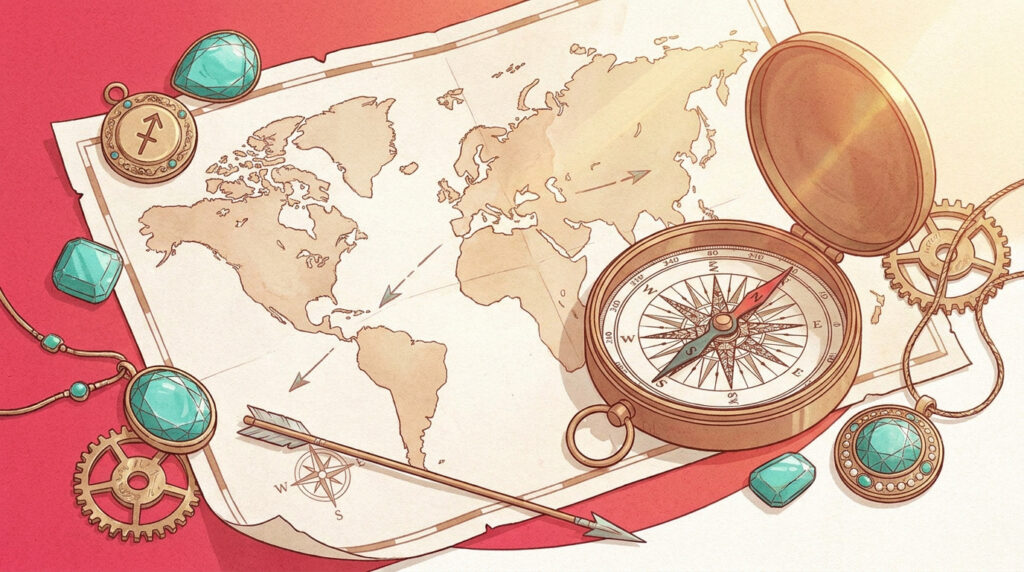 Une carte du monde vintage, une boussole, une flèche et des bijoux sur un fond rouge évoquant l'aventure du Sagittaire.