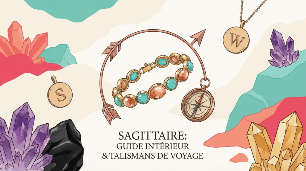 Illustration de bijoux, boussole et cristaux avec le texte "Sagittaire : guide intérieur et talismans de voyage".