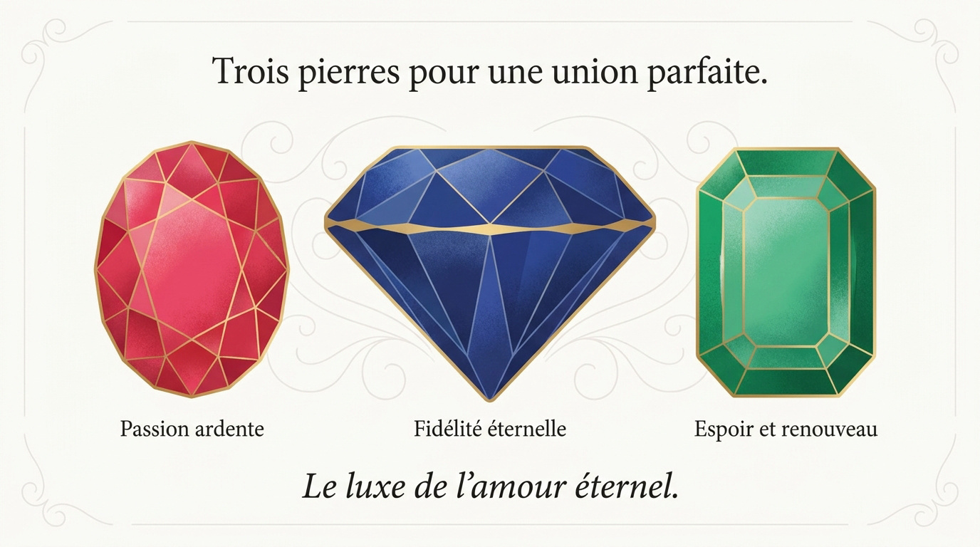 Illustration de trois pierres précieuses : un rubis rouge, un saphir bleu et une émeraude verte.