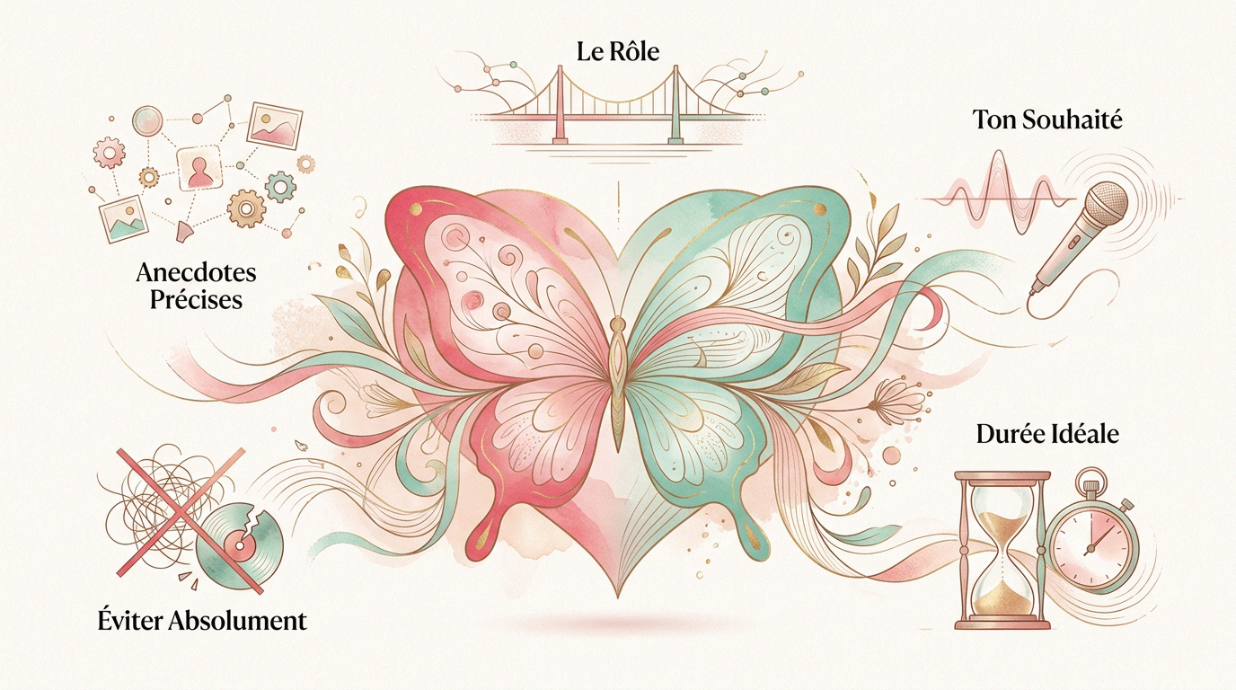 Illustration artistique centrée sur un cœur-papillon entouré d'icônes illustrant les conseils pour un discours de mariage.