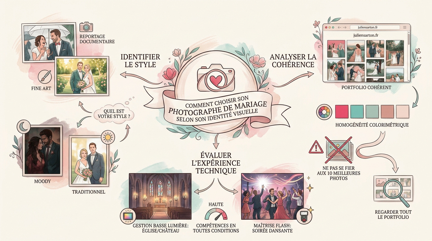 Infographie illustrée sur les critères de sélection d'un photographe de mariage selon son style, sa cohérence et technique.