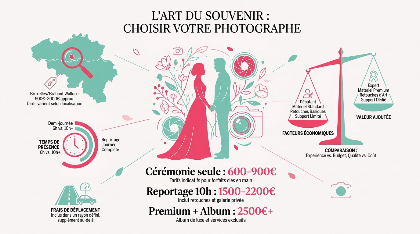 Infographie illustrant les critères de choix d'un photographe de mariage : budget, temps de présence et expérience.