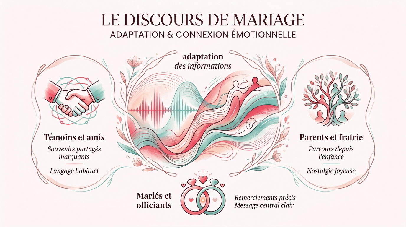 Infographie illustrant l'adaptation d'un discours de mariage selon le public : amis, famille ou mariés.
